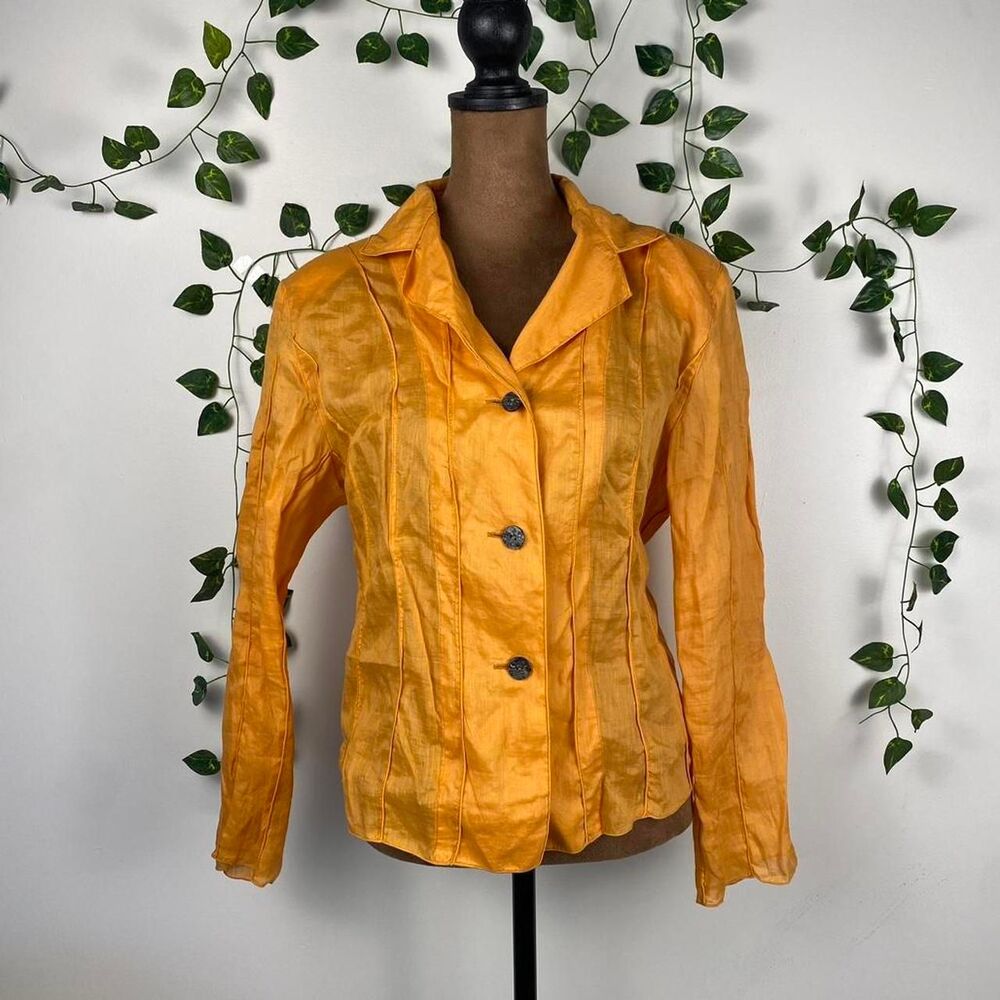 Vintage Orange pleated blouse button-up front semi-sheer long sleeves work wear